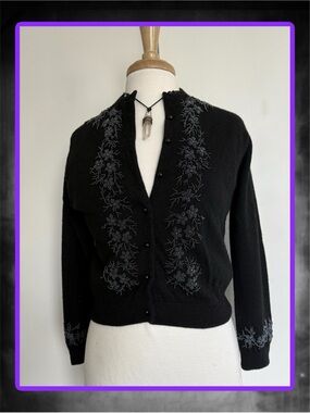 Vintage Black Lambswool Beaded Cardigan Sweater Partial Lining XS-S?